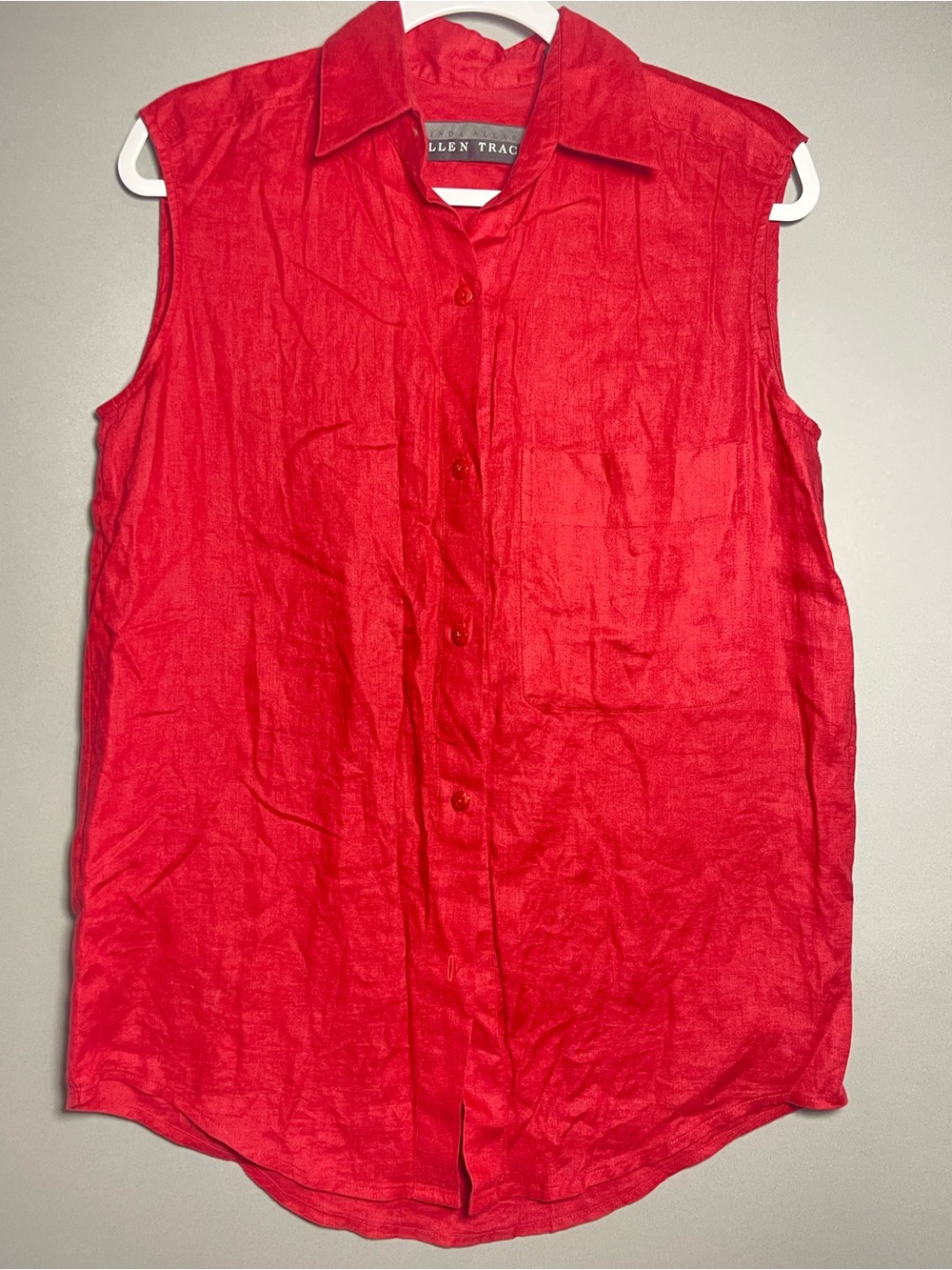 Ellen Tracy 100% Linen Red Sleeveless Utility Button Front Blouse Sz 6
